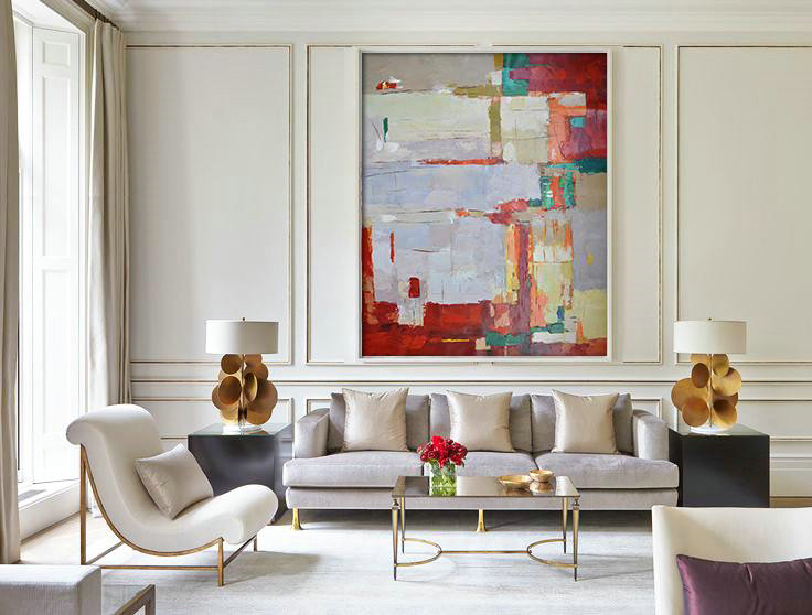 Modern Paintings On Canvas,Vertical Palette Knife Contemporary Art,Handmade Acrylic Painting,Purple Grey,Red,Yellow.etc